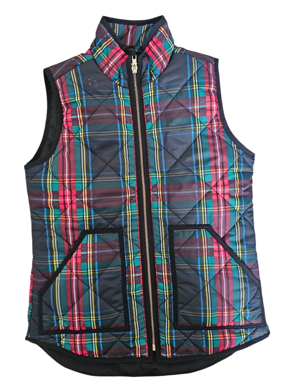 J. Crew Quilted Plaid Vest in Navy, Pink & Yellow